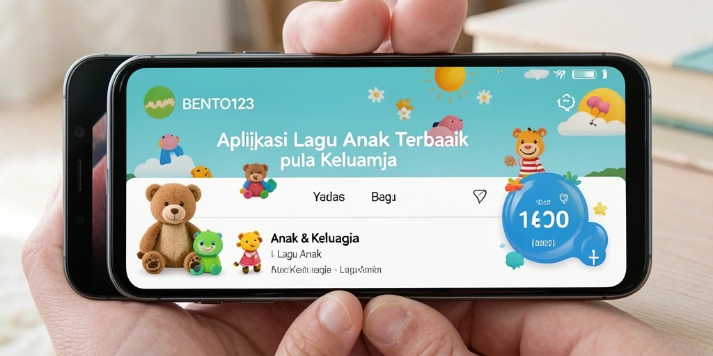 Antarmuka aplikasi BENTO123 dengan lagu-lagu ceria untuk anak-anak.